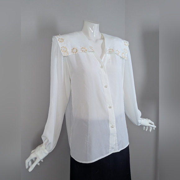 Tops - Vintage White Blouse with Sailor Collar | Sequin Floral Trim Shoulder Pads